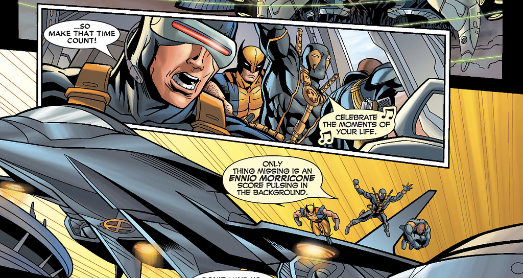 Deadpool jumping out of the jet.